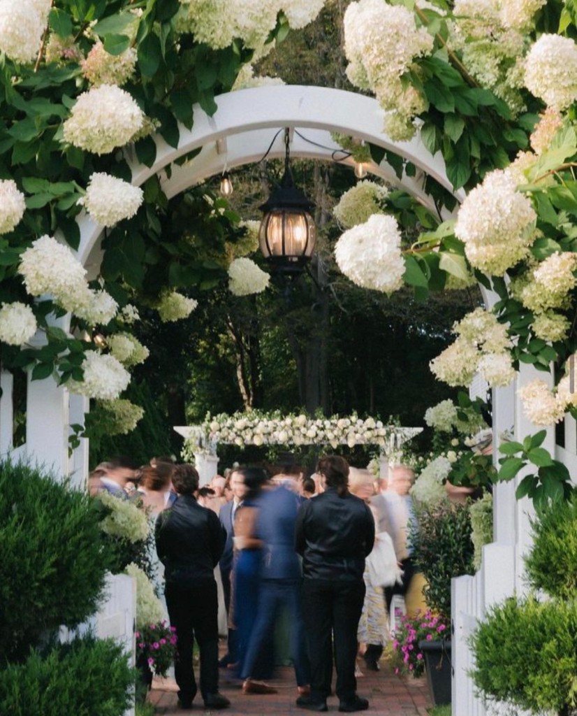 Cocktail hour guests under hydrangea arch at The Commons 1854