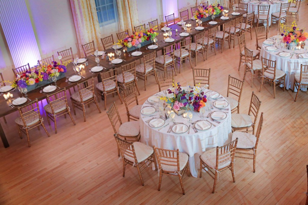 Ballroom colorful overhead setup for celebration